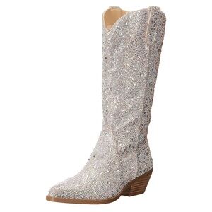 Betsey Johnson Dalas Silver Rhinestone Heeled Boots Sparkling Western Flair Sz 6